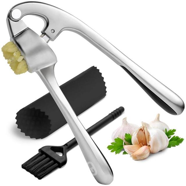 GD Garlic Press Crusher Mincer Tool - Dishwasher Safe & Rust Proof, Easy-Squeeze Garlic Smasher with Ergonomic Handle, Includes Silicone Garlic Peeler & Brush (Silver)