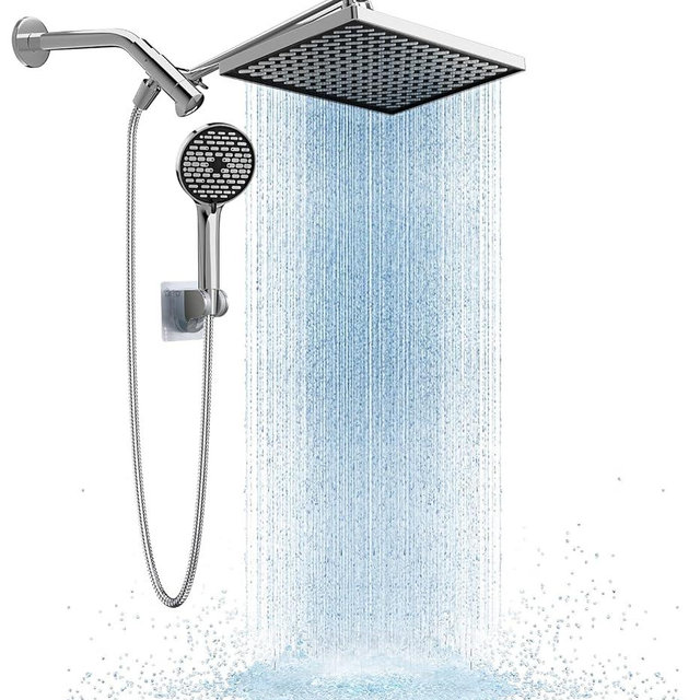Cobbe 11.8 Inch Rain Shower Head with 6 Modes Handheld Water Spray，High Pressure Showerhead Combo with 11 Inch Adjustable Extension Arm, Chrome