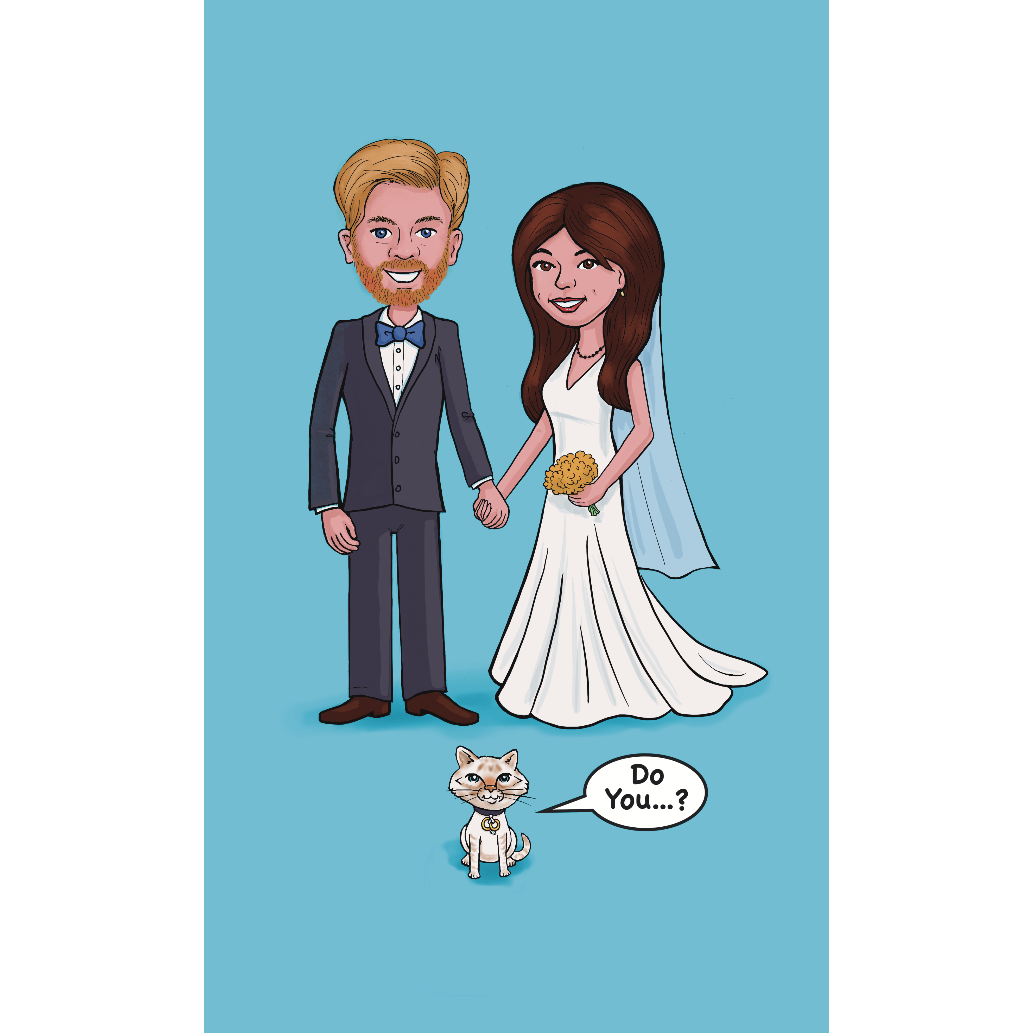 Our wedding invite portrait, illustrated by Kelly's very talented dad!