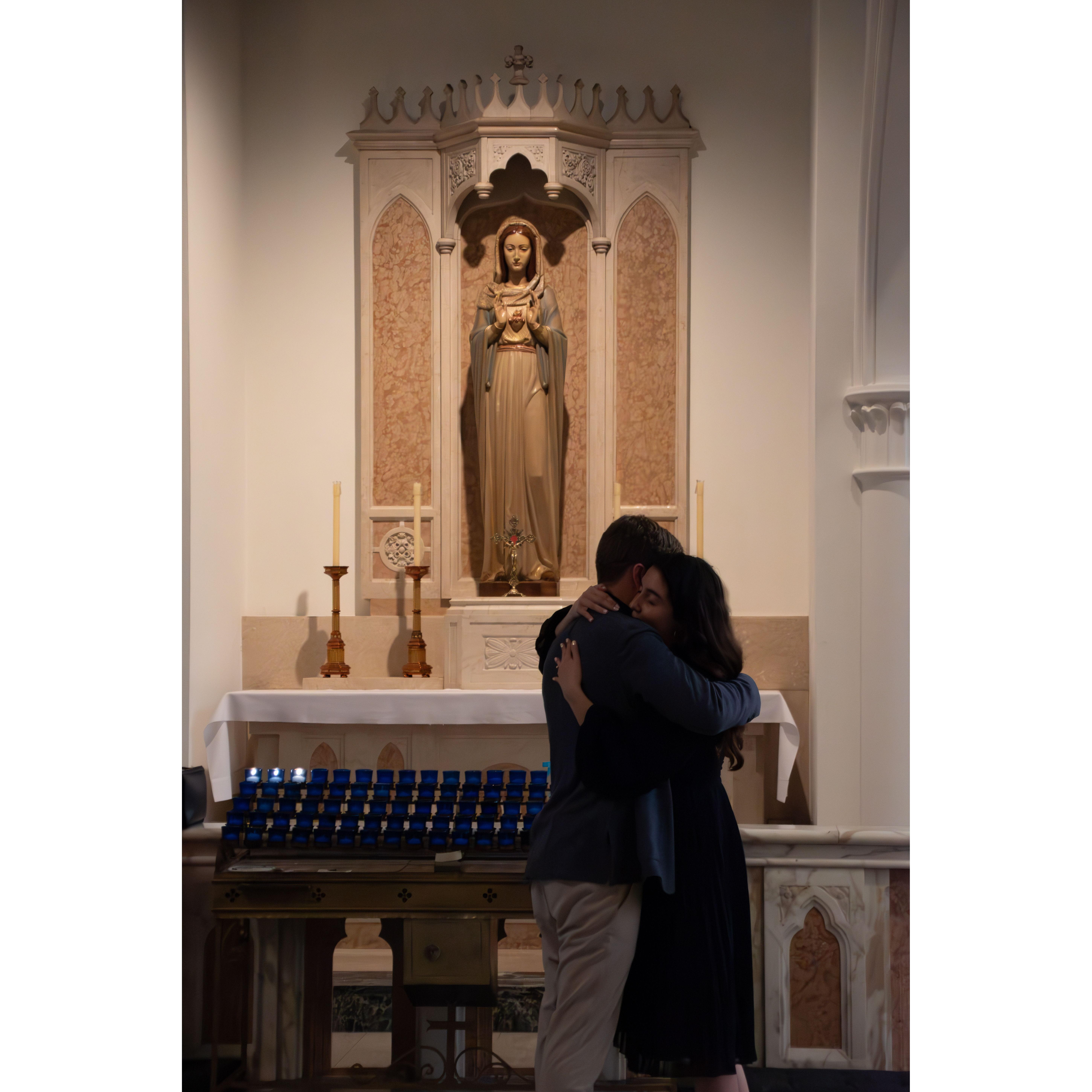 Josh proposed at St. Thomas Aquinas in Dallas, TX.