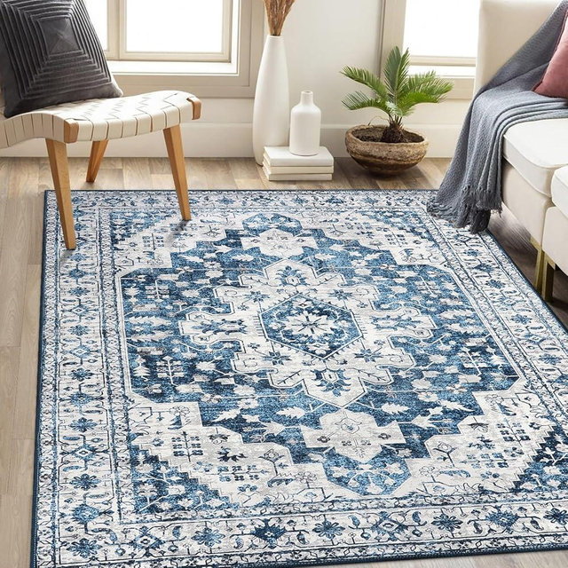 Moynesa Ultra-Thin Washable Area Rug - 5x7 Blue Rugs for Living Room Washable Rugs for Bedroom Soft Dining Room Mat, Vintage Printed Low Pile Indoor Carpet for Office Sunroom Playroom