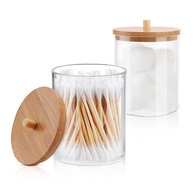 TCJJ 2 Pack Acrylic Qtip Holder Dispenser Bathroom Jars with Bamboo Lids, Cotton Ball Pad Round Swab Holder for Bathroom Accessories Storage Organizer
