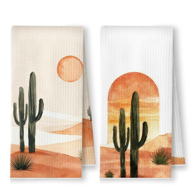 YRDBGHZDF Boho Western Cactus Kitchen Towels, Abstract Sun Cactus Desert Dish Tea Towels, Rustic Country Western Decorative Hand Towel for Bathroom Kitchen, 16x24 Inch Set of 2