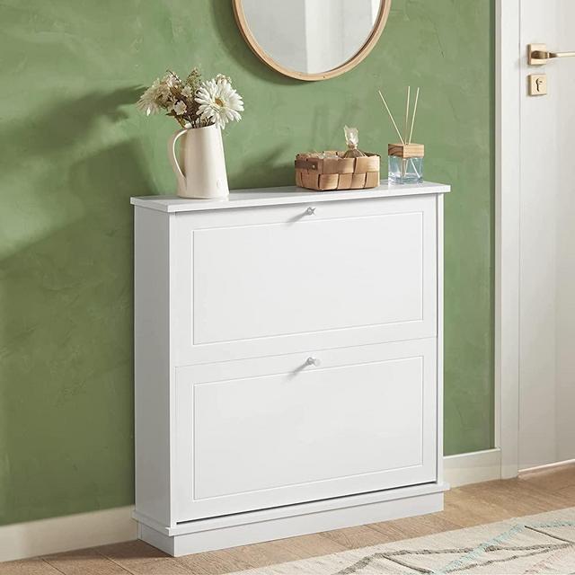 Haotian FSR99-W, White Shoe Cabinet with 2 Flip-Drawers, Freestanding Shoe Rack, Narrow Shoe Organiazer