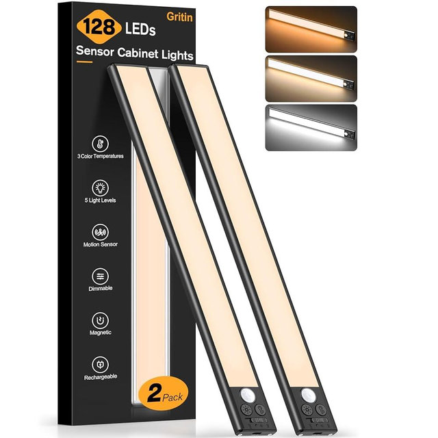 Gritin 14.7inch Under Cabinet Lighting Rechargeable - 128 LED Super Bright, 3-Color&5 Level Brightness, 4 Modes, Motion Sensor, Long Lasting-Easy Installation Magnetic Closet Lights - 2 Pack-Black