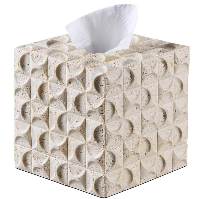 Natural Travertine Textures Tissue Box Cover Square for Home Decor, Relief Sculptured Geometric Cube Resin Heavy Tissue Box Holder for Bathroom Countertop, Tabletop, Night Stand, Office Desk (Beige)