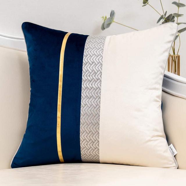 Yangest Navy Blue Patchwork Velvet Throw Pillow Cover with Gold Striped Leather Cushion Case Modern Luxury Pillowcase for Sofa Couch Bedroom Living Room Home Decor,20"x20"