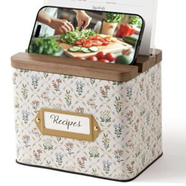 (FLOWING GLEAM) Cabbrix Recipe Box with 50 Cards and 24 Dividers, 4x6 Recipe Card Box Set, Wooden Lid with Phone Holder and Recipe Holder, Beautiful Metal Recipe Organizer, Flowing Gleam