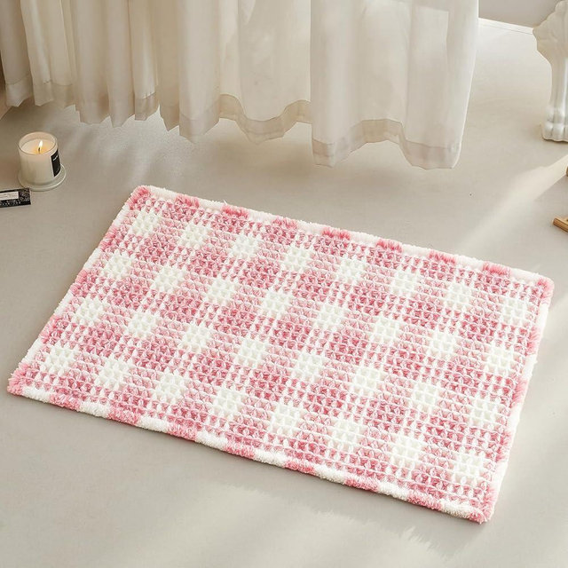 TYUU Waffle Bath Mat, Boho Bathroom Rugs Non Slip Washable Absorbent Checkered Bathroom Mat Quick Dry Cute Bath Mat, 30"x20" Pink and White