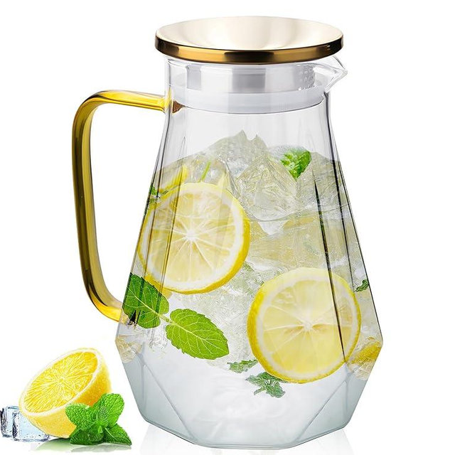 68oz Diamond-Cut Glass Pitcher with Gold Lid - Beverage Carafe for Iced Coffee, Tea, Juice & Milk | Shatterproof, Heat & Cold Resistant, Dishwasher Safe​​(Transparent)