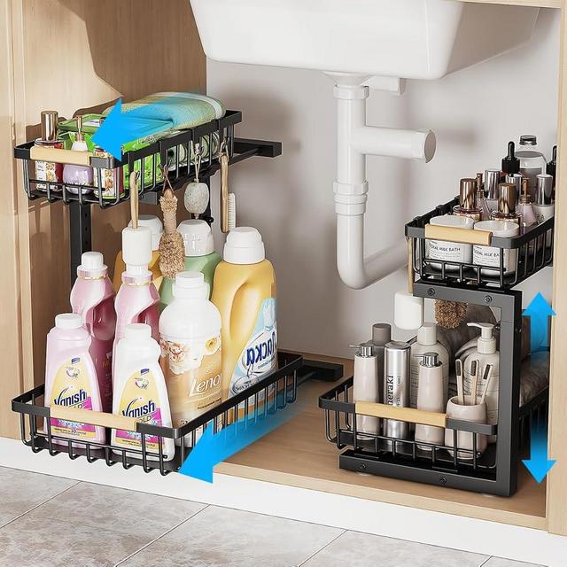 ZMJESSNIA Under Sink Organizer, 2 Tier Under Sink Organizers and Storage, Metal Slide out Pull out Cabinet Organizer ，2 Pack Sliding Drawer Organizer for Kitchen Bathroom Pantry