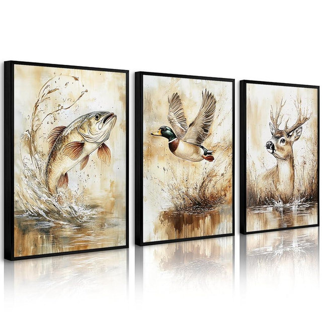 Vintage Animal Wall Art Baby Boy Room Canvas Wall Decor Farmhouse Animal Posters Kids Nursery Hunting Art Prints Rustic Deer Fish Pictures Mallard Duck Painting for Bedroom 16x24 Inch Unframed 3pcs