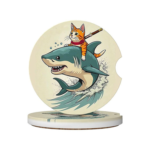 ABLESKY Car Coasters for Cup Holders, 2 Pack Absorbent Anti Slip Car Cup Holder Coasters, 2.56 Inch Ceramic Universal Size Auto Interior Accessories Women Men-Shark Cat Warrior Sword
