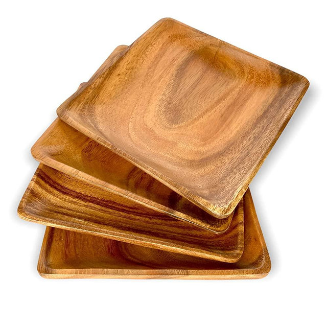 Wrightmart Wood Plates, Appetizer Platter, Snack Server, Charger, Versatile Tableware, for Side Dish, Bread & Butter Plate, Sandwich, Salad, Dessert, Set 4, Hand Crafted, Acacia Wood, Medium 8" x 8"