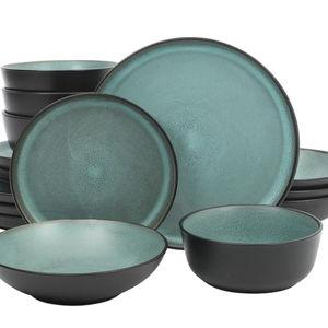 Gibson Elite Tribeca Loft 16-Piece Dinnerware Set – Matte Black and Green Reactive Glaze Stoneware, Double Bowl Round Plates and Bowls – Modern Rustic Tableware for 4, Dishwasher & Microwave Safe