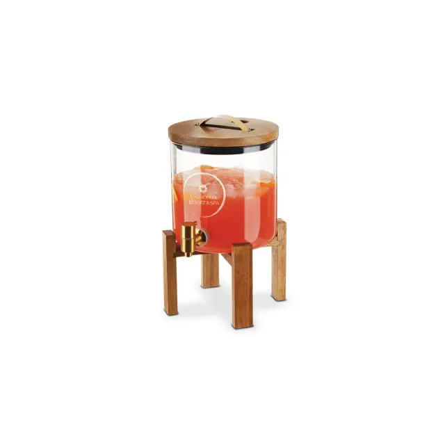 Twine Modern Manor 1.3 Gallon Beverage Dispenser, Acacia Wood Stand, Bronze Spigot Glass Carafe, Drink Dispenser for Cocktails, Fruit Punch, Iced Tea