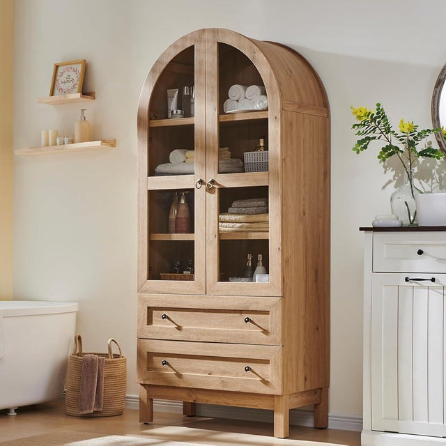 71" Tall Arched Bathroom Storage Cabinet, 4-Tier cabinet w/2 Large Drawers &Adjustable Shelves, Wooden Bathroom Floor cabinets w/Glass Doors, Modern Farmhouse Versatile Cabinets for bathroom, Natrual