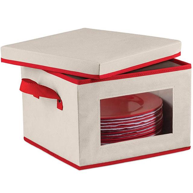 Christmas Dinnerware Storage Box with Lid and Handles, Storage Bin for Dinner Plates Comes with Felt Protectors For Plates, Features Clear Window For Easy Visibility, China Case Holds - Service for 12