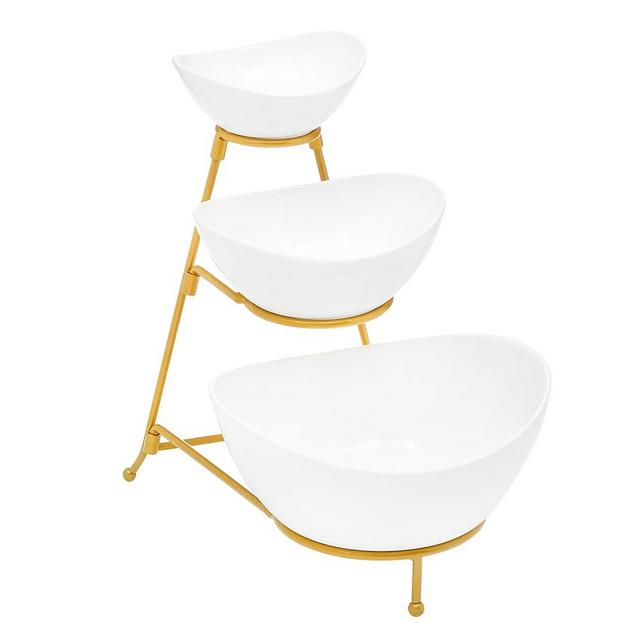 SHEFFIELD HOME 3-Tier Serving Set: White Stoneware Oval Bowls on a Collapsible Gold Metal Stand - Great for Entertaining, Desserts, Candy, Chip and Dip. Elevate your party with stylish convenience.