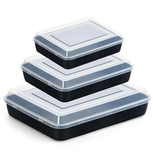 E-far Baking Pans with Lids Set of 3, Nonstick Sheet Cake Pan for Oven Lasagna Brownie Casserole - 12.5/10.5/9.4Inch, Rectangle Metal Bakeware Set, Stainless Steel Core - 6 Pieces(3 Pans + 3 Covers)