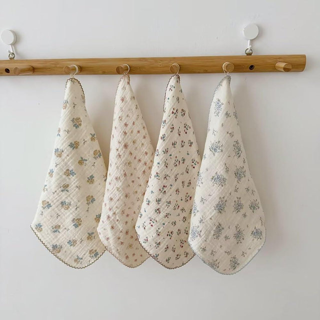 BuLuTu Double-Layer Muslin Cotton Cleaning Cloths Chic Shabby Floral Print Towels Set - Pack of 4, 11x11 Inches, Soft, Absorbent, No Shrink, Kitchen Towel Wipe Dishcloths Cleaning Rags
