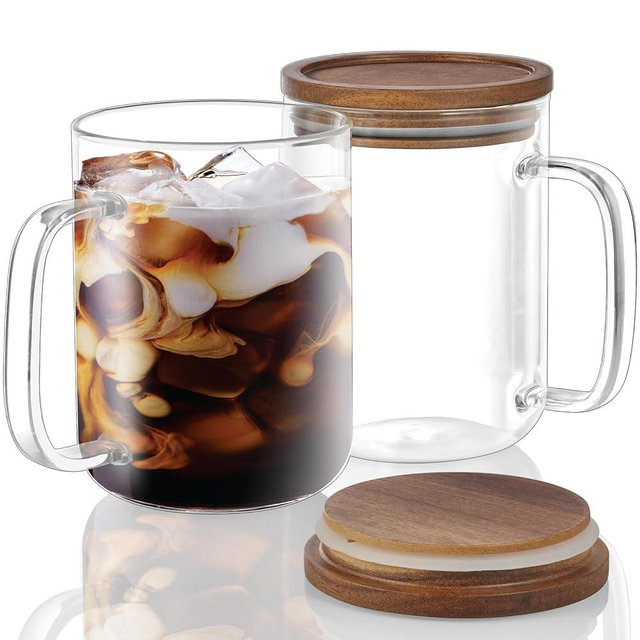 DRASTAR Glass Coffee Mugs, 20 oz Clear Coffee Cups with Acacia Wood Lid, Large Coffee Mug Set of 2, Tea Glass Cups with Handles, Glass Coffee Cups for Latte, Espresso, Tea