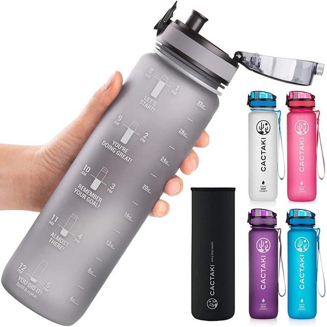 Cactaki 32oz Water Bottle with Time Marker, BPA Free, Non-Toxic, Leakproof, Durable