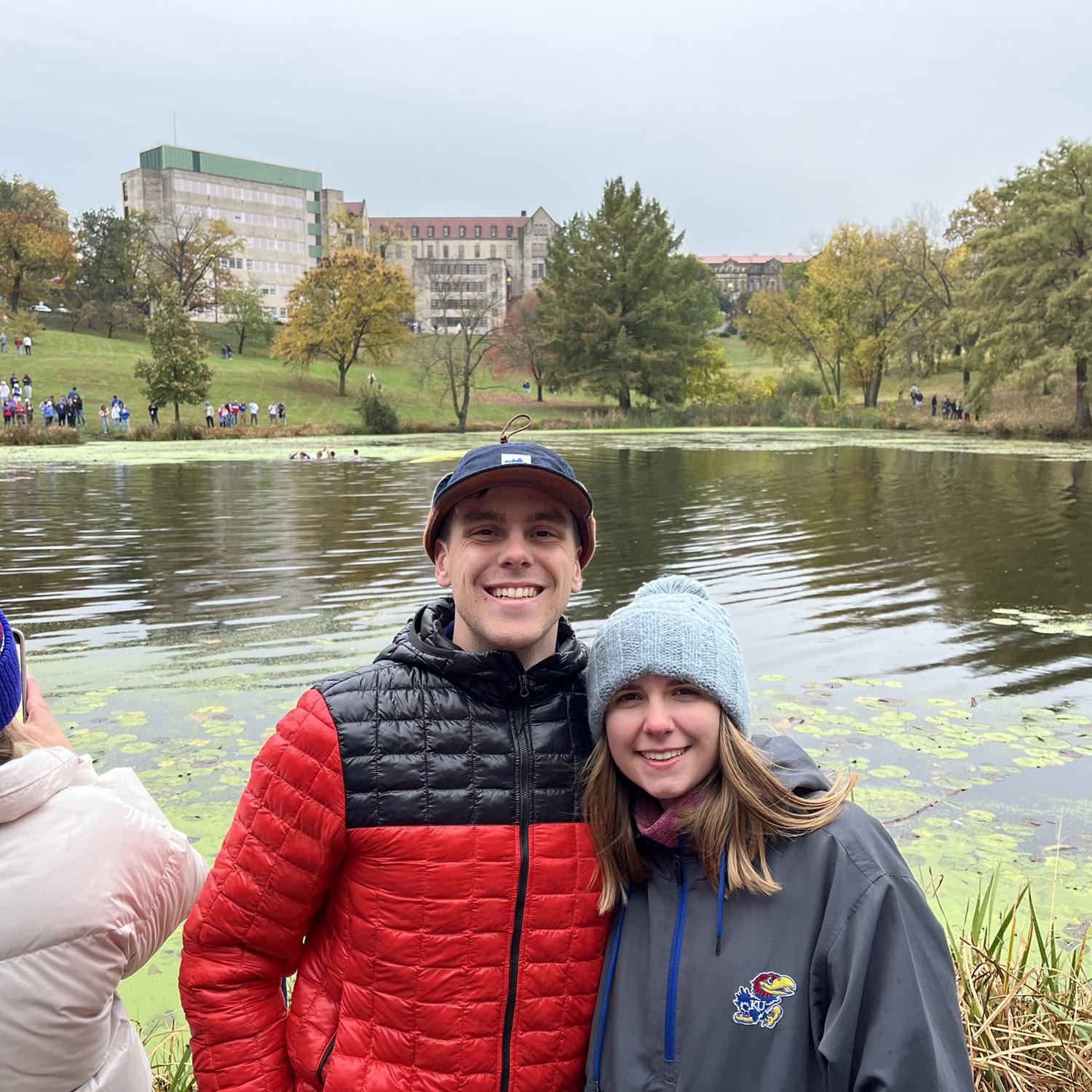 This was taken after the very cold KU v. OU football game when we won! If you look closely you can see KU's  field goal in the pond behind us.