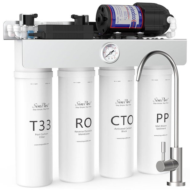 SimPure Tankless UV Reverse Osmosis System, NSF/ANSI 58 Certified, RO Water Filter System Under Sink 400 GPD, 8 Stage Water Filtration, Near 0 TDS, BPA Free, 1.5:1 Pure to Drain, Built-in Pump