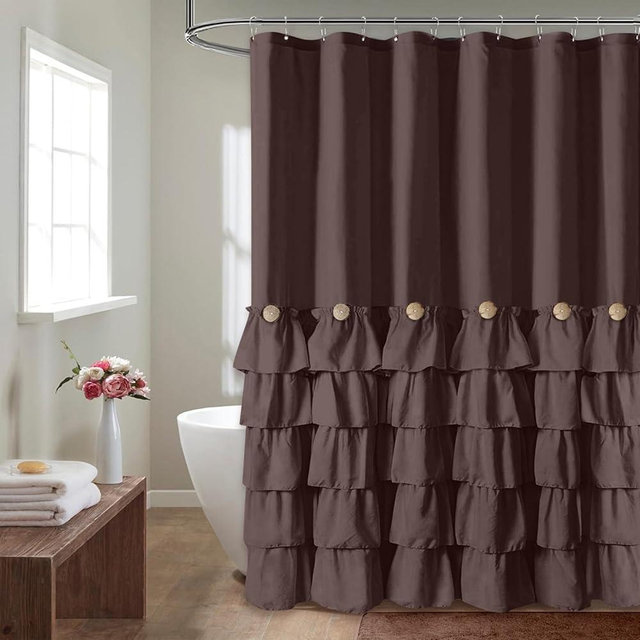 Seasonwood Brown Shower Curtains for Bathroom Dark Brown Shower Curtain Brown Ruffle Shower Curtain Button Farmhouse Style Fabric Shower Curtain (Brown)