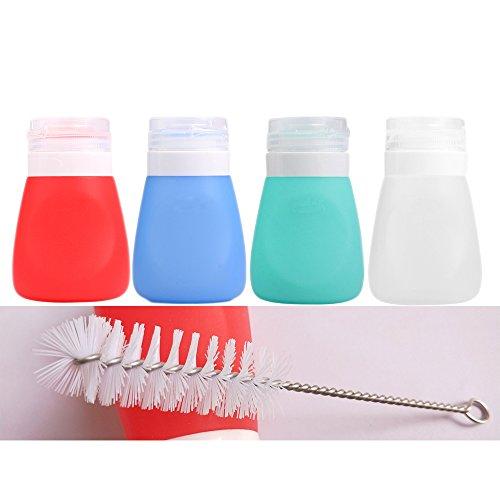 Squeeze Salad Dressing Bottles with Cleaning Brush | Portable Sauce Bottle Condiment Bottles | Dressing to Go for Lunch | 1.3 OZ, Set of 4 | Food-grade Silicone, BPA Free