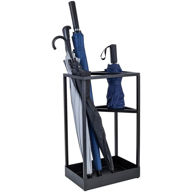 MyGift 20 Inch Tall Modern Brass Tone Metal Geometric Freestanding Entryway Umbrella Rack or Cane Holder with Shelf for Small Umbrellas and Bottom Drip Tray (Black-Large)