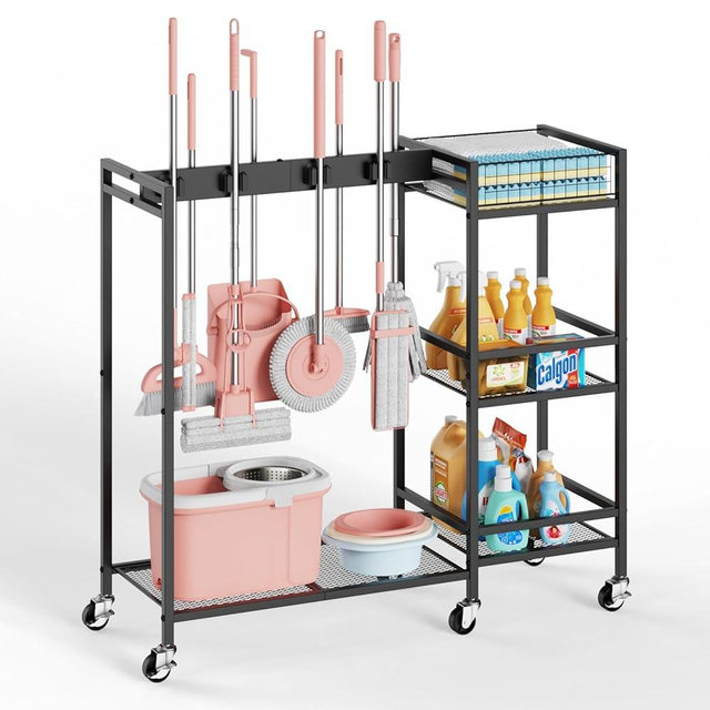 MUNNAR Broom and Mop Holder, Broom Closet Storage Cabinet with Cleaning Supplies Organizer, 2-in-1 Broom Mop and Cleaning Supplies Storage Cleaning Cart, Cleaning Cart with Wheels for Housekeeping