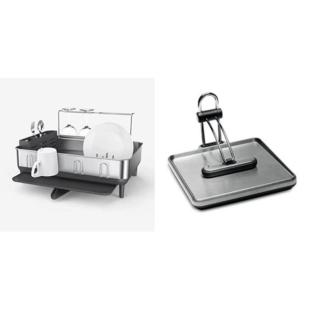 simplehuman Kitchen Dish Drying Rack with Swivel Spout, Fingerprint-Proof Stainless Steel Frame, Grey Plastic, 2022 Model & Quick Grip Napkin Holder, Stainless Steel