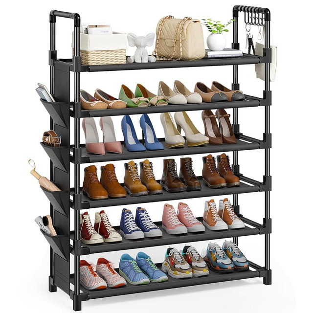 Mavivegue 6 Tier Shoe Rack,Adjustable Metal Shoe Rack Organizer for 24-30 Pairs Shoe and Boot,shoe rack for entryway with Hooks and Hanging Bags,Long Shoe Shelf for Closet, Entryway,Hallway,Dorm,Black