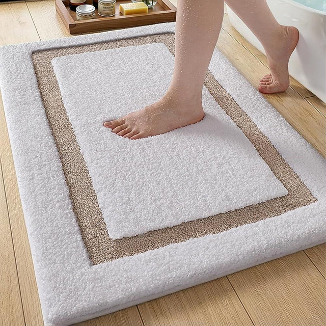 Color&Geometry White Bathroom Rugs 24x16, Extra Soft Absorbent Microfiber Bath Rugs, Non-Slip Bathroom mat, Small Washable Plush Bath Mats for Bathroom, Shower, Bathtub, Laundry, White Beige
