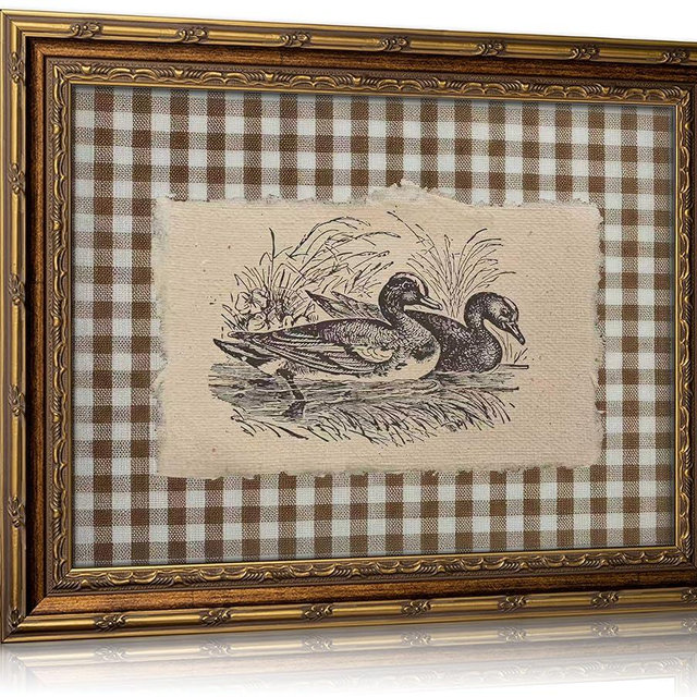 Vintage Gold Framed Wall Art, Brown Gingham Sketch Ducks Canvas Prints, Retro Rustic Farmhouse Animal Picture Wall Decor, Country Cottagecore Goose Poster Artwork for Living Room Bedroom