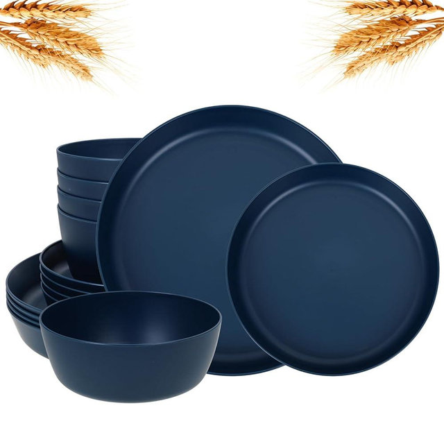 EI 12pcs Dark Blue Wheat Straw Dinnerware Set,Wheat Straw Plates,Plastic Plates Reusable,Plate and Bowls Sets,Unbreakable Plastic Plate for Dinner,Camping,Picnic,Soccer plates,world Cup 2026