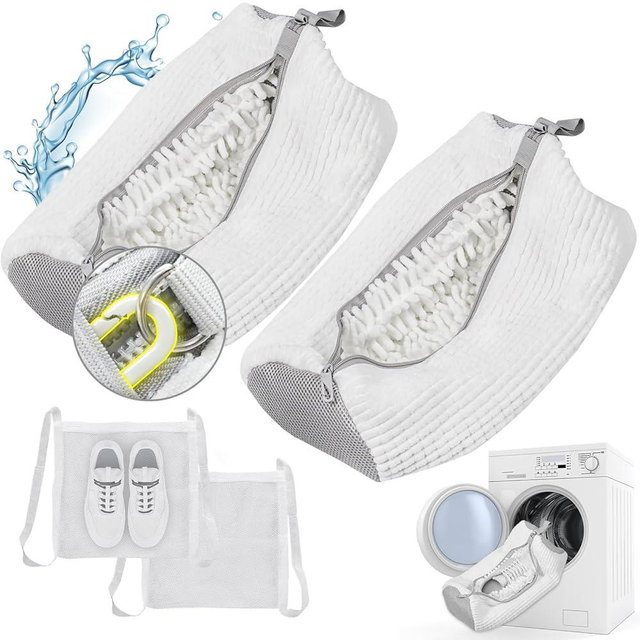 Shoe Washing Machine bag, Shoe Laundry Bag for Washer and Dryer, Include Dry Net Bag, Reusable and Durable Zipper with Hook Design, Shoe Washing Bag for Sneaker (White, 2PCS)