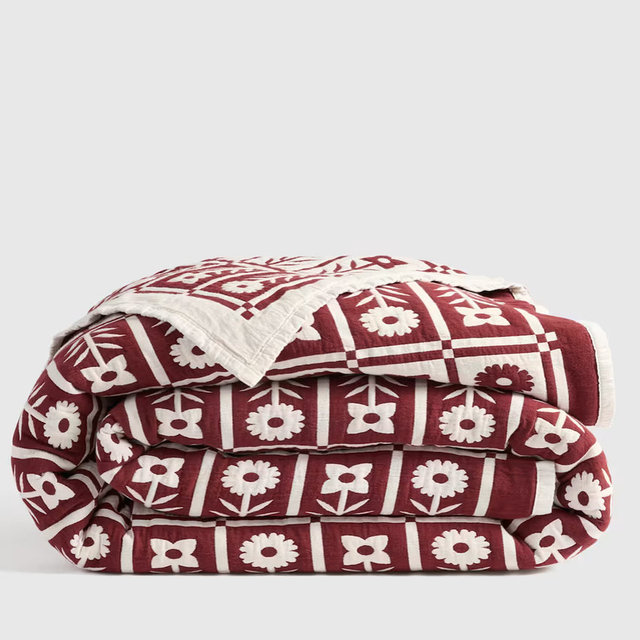 Organic Cotton Jacquard Floral Coverlet - Burgundy, King/Cal King