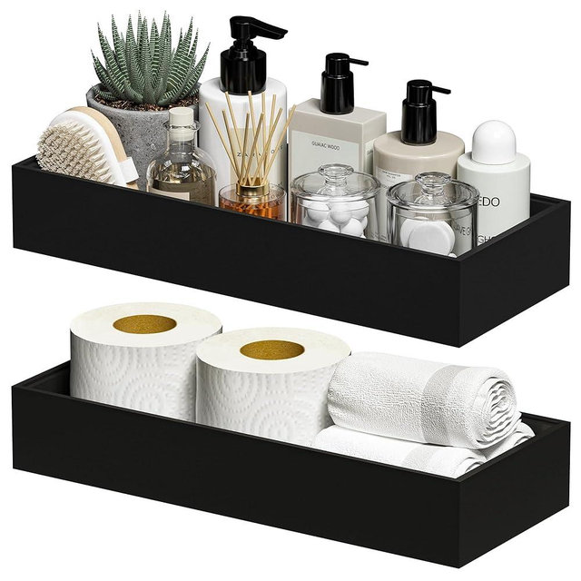 Greatseas Kitchen Drawer Organizer Bins, Stackable Bamboo Drawer Organizer for Silverware, 2 Pcs Toilet Paper Basket Holder, Wood Bathroom Tray Countertop, Toilet Tank Tray Black 15" x 6" x 2.5"