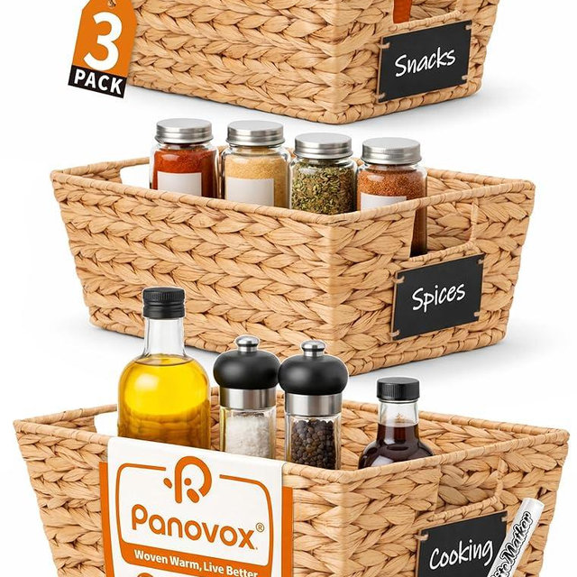 Panovox Pantry Organizers and Storage, Water Hyacinth Storage Baskets for Shelves, Natural Baskets for Organizing, Pantry Baskets with Chalkboard Labels and Marker
