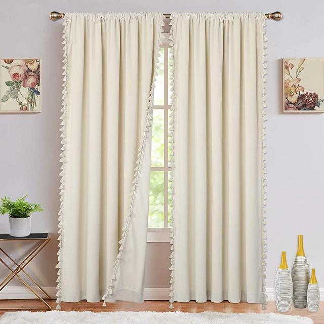 Soft Luxury Velvet Curtains with Tassels Room Darkening Rod Pocket Window Curtains for Living Room Bedroom, Cream, 42 x 63 Inch, 2 Panels