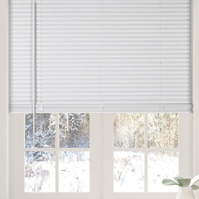 Calyx Interiors Cordless White 1” Light Filtering Mini Blinds 69.5” W x 60” H Window Blinds for Home, Vinyl Horizontal Blinds for Indoor Windows