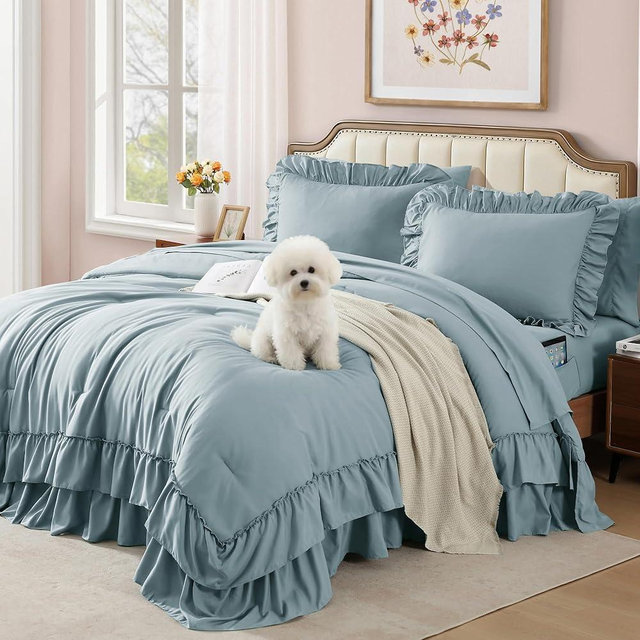 AMBERSPACE King Size Comforter Set Dusty Blue, Ruffle Shabby Chic Bedding Set Farmhouse 7 Pieces, All Season Fluffy Bed in a Bag with Sheets, Pillowcases & Shams
