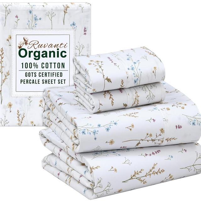 RUVANTI 100% Organic Cotton Sheets King Size, Percale Weave, GOTS Certified, 4-Piece Set, Deep Pocket 15", Crisp & Breathable, Soft Durable Bedding, Sábanas Algodón Orgánico – Field Flower