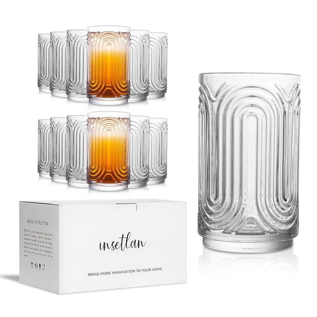 INSETLAN Set of 12 Vintage Glassware - 14 oz Water Drinking Glasses, Art Deco Ripple Glass Cup, Cocktail Glasses, for Bar Beverages, Iced Coffee, Juice, Housewarming Presents, New House Essentials