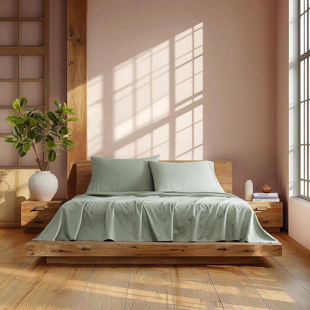 Linen Closet Cotton Linen 4-Piece Sheet Set, 85% Cotton / 15% Linen, Herringbone Weave, 18" Deep Pocket, Includes 1 Fitted Sheet, 1 Flat Sheet, 2 Pillowcases, Queen Size, Seagrass