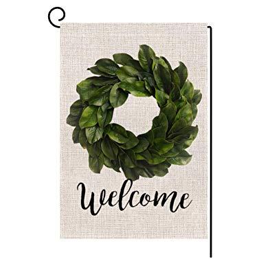 Welcome Magnolia Leaves Wreath Small Garden Flag Vertical Double Sided 12.5 x 18 Inch Farmhouse Summer Burlap Yard Outdoor Decor
