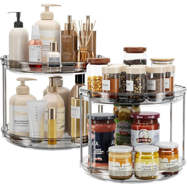 LAMU 2 Pack 2 Tier Lazy Susan Turntable Organizer 9.25'' Rotating Spice Rack Organization for Cabinet, Kitchen, Pantry, Countertop, Bathroom, Vanity, Medicine Cabinet Organizer, Grey